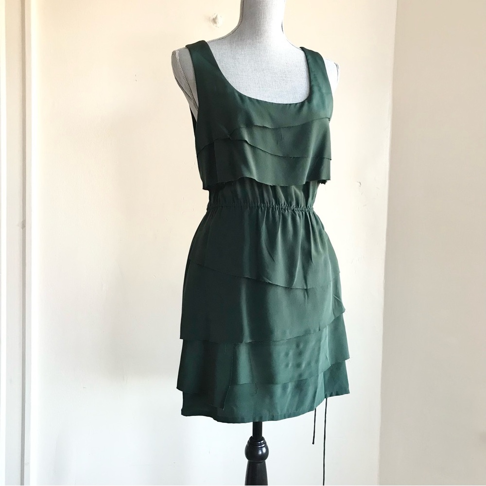 Ali Ro Anthropologie Emerald Forest Green Silk Tiered Dress Drawstring Waist S 6